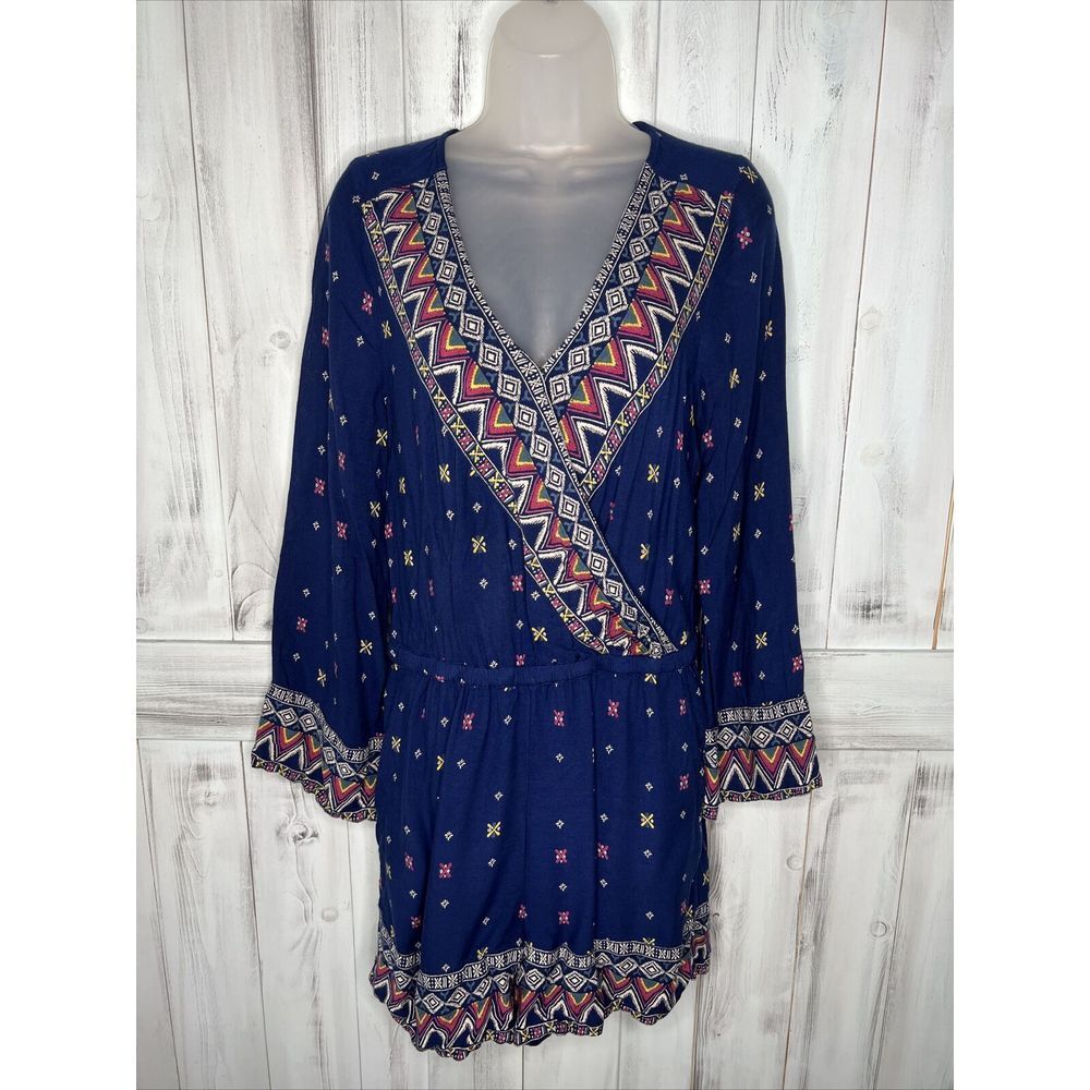 ROXY BLUE BOHO TRIBAL LONG SLEEVE ELASTIC WAIST FLOWY SURPLICE ROMPER SHORTS LG